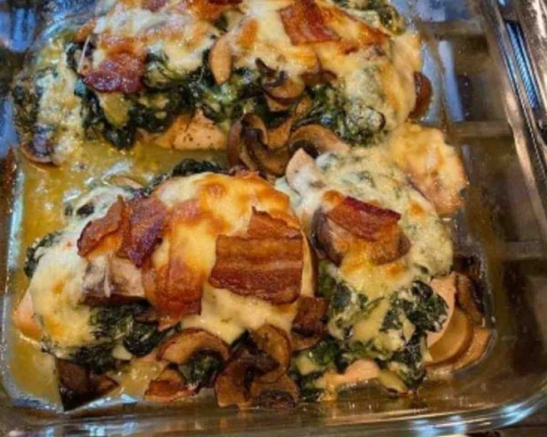 Smothered Chicken with Creamed Spinach, Bacon, and Mushrooms