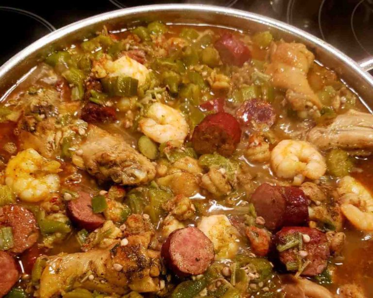 okra stew with chicken, sausage, shrimp and crawfish tails, onion and green peppers