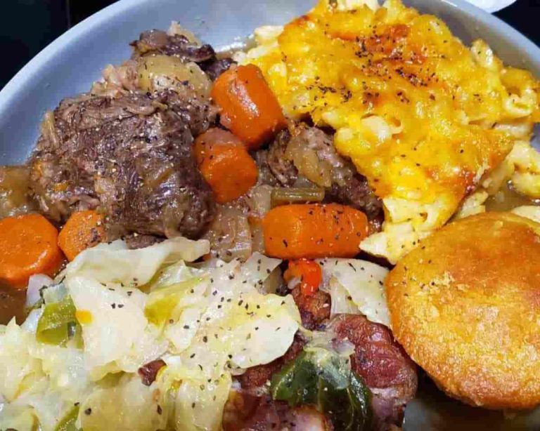 Pot roast over rice, baked mac&cheese, cabbage, and honey cornbread