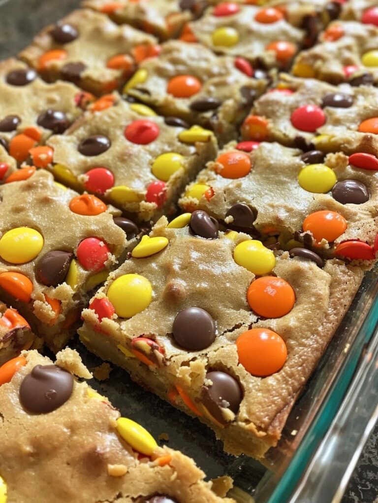 Reeces Pieces chocolate chip cookie bars