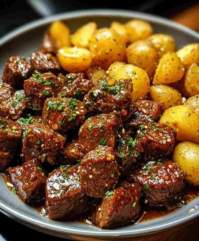 Slow Cooker Garlic Butter Beef Bites and Potatoes