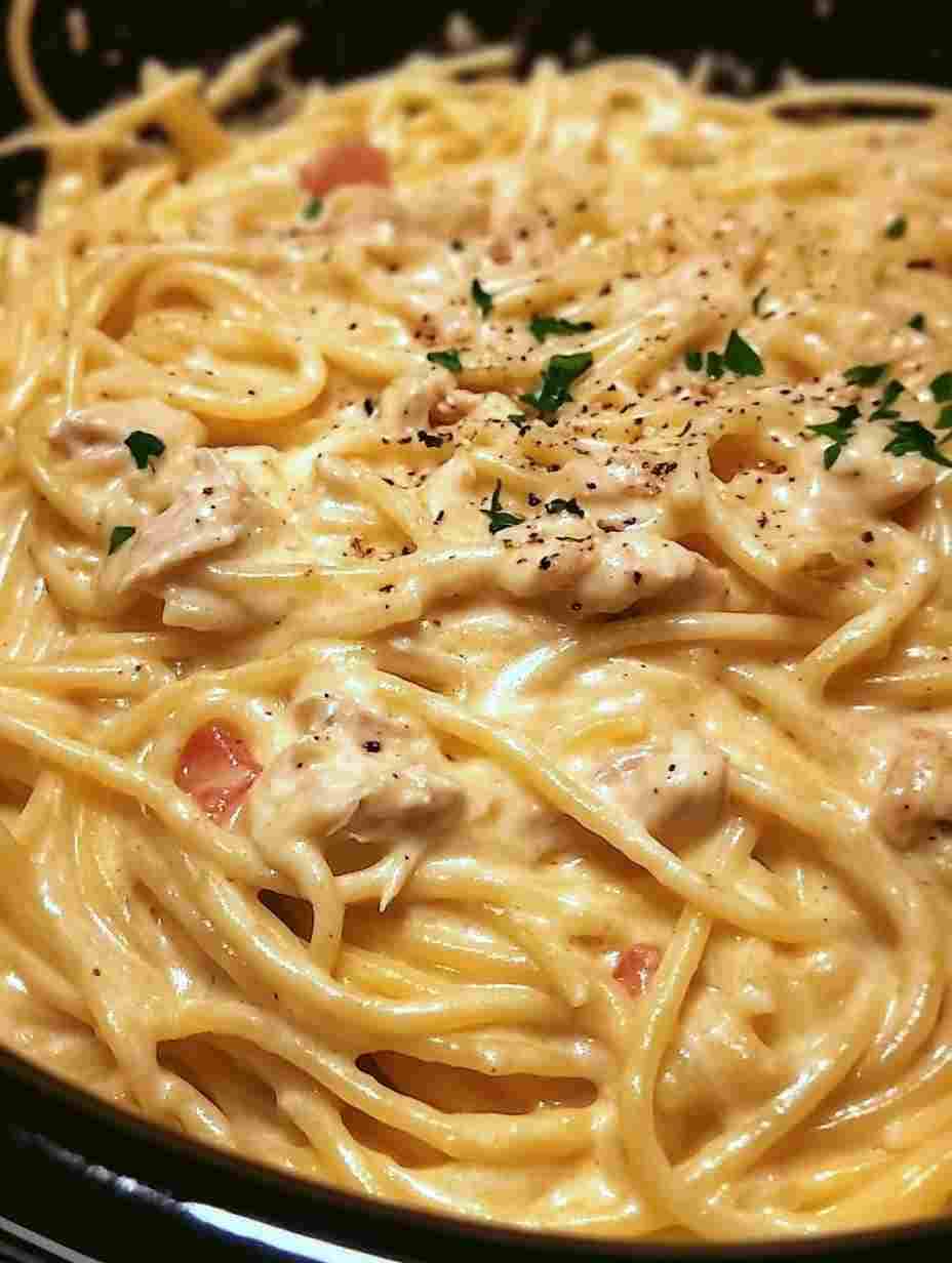 Creamy Crockpot Chicken Spaghetti