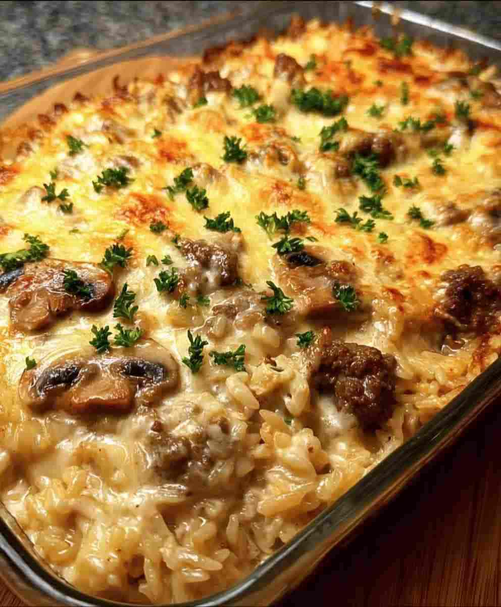 Creamy Beef & Mushroom Rice Bake