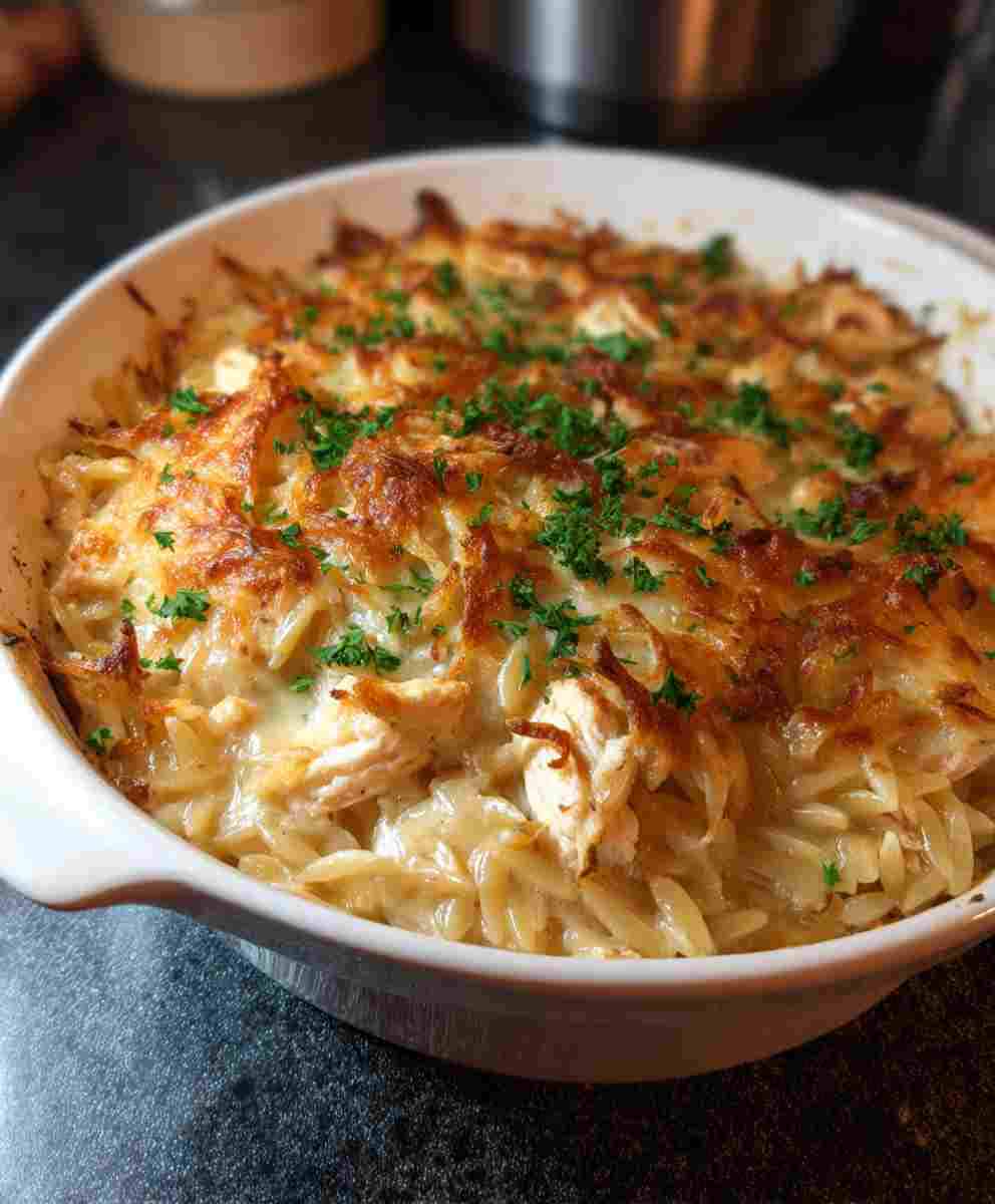 French Onion Chicken Orzo Casserole